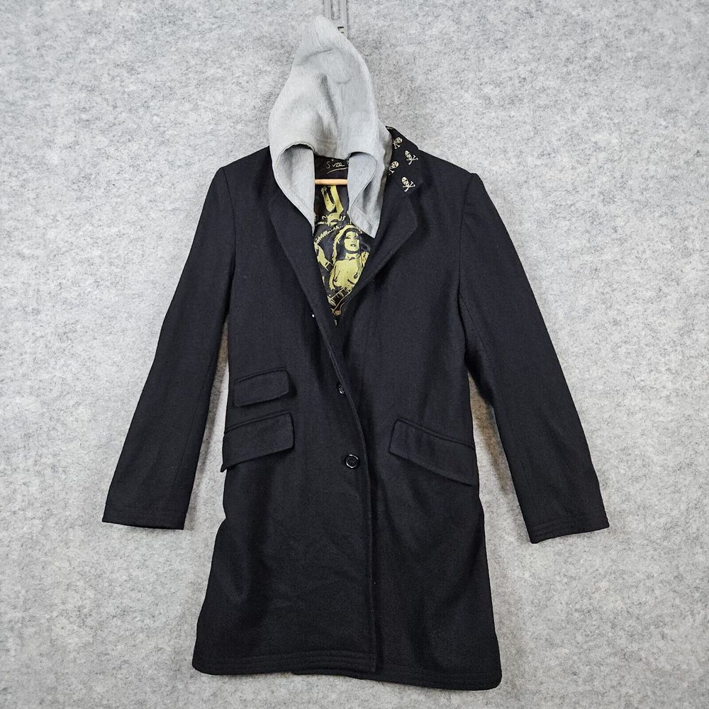 Ringspun Brand Men's Long Coat Size M Wool‎ & Polyester Charcoal Hooded Graphic